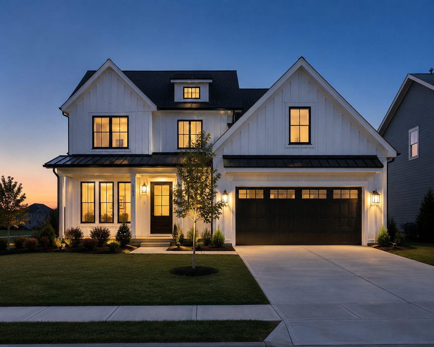 Twilight exterior, Westerville modern farmhouse