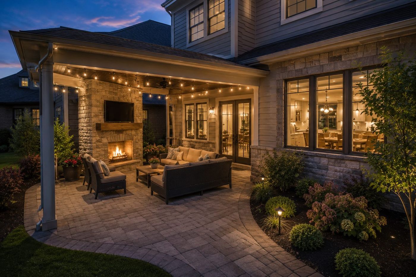 Covered outdoor living at twilight
